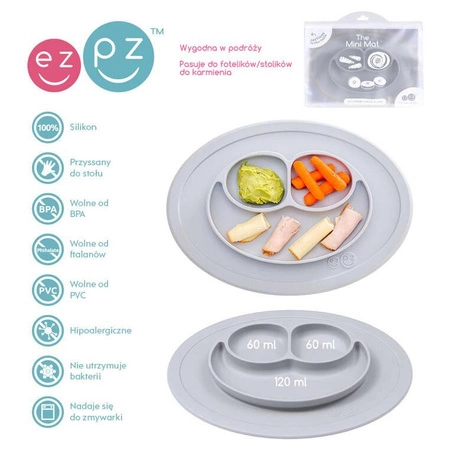 EZPZ Silikonowy talerzyk z podkładką mały 2w1 Mini Mat pastelowa szarość + pokrywka GRATIS szara