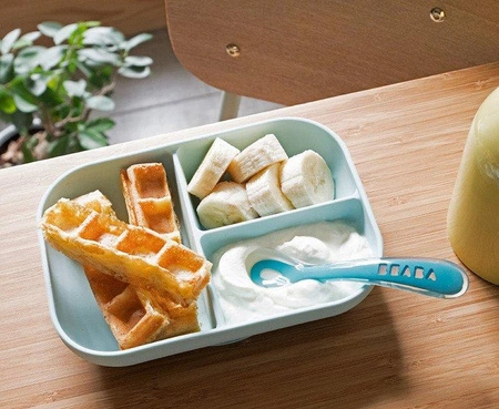 Beaba Komplet naczyń z silikonu trójdzielny talerz z przyssawką + łyżeczka Blue