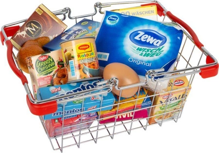 Koszyk sklepowy z artykułami znanych marek 9559-Small Foot, zabawa w sklep