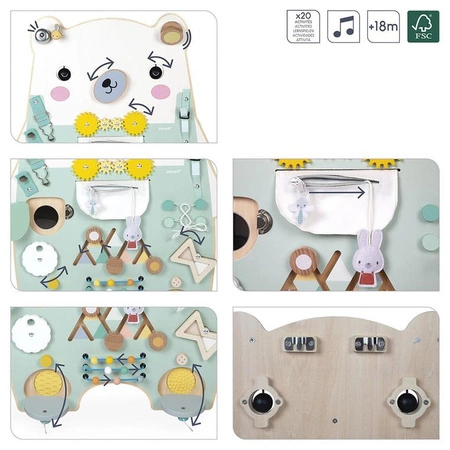 Janod Duża drewniana tablica manipulacyjna 20 aktywności Miś Pure 18m+