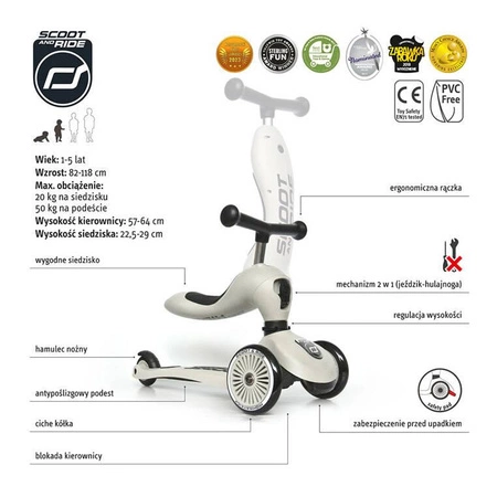 Zestaw SCOOTANDRIDE Highwaykick 1 2w1 Jeździk i hulajnoga 1-5 lat ASH + Kask XXS ASH