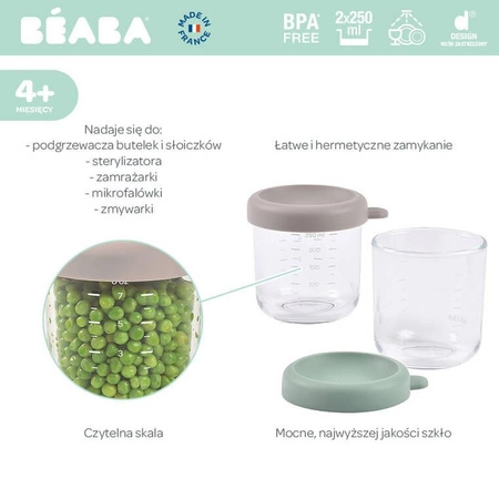 BEABA Zestaw pojemników słoiczków szklanych z zamknięciem 2 x 250 ml Sage green/Gazelle