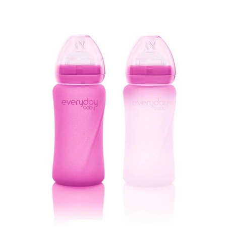 Szklana butelka ze smoczkiem M reagująca na temperaturę, 240 ml, wiśniowa, Everyday Baby