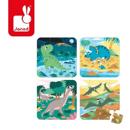 Puzzle progresywne w walizce Dinozaury 4 układanki – 6, 9, 12 i 16 elementów 3+, Janod