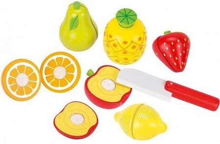 Drewniany zestaw do krojenia z owocami, 51597-Goki, zabawy w kuchnie dla dzieci