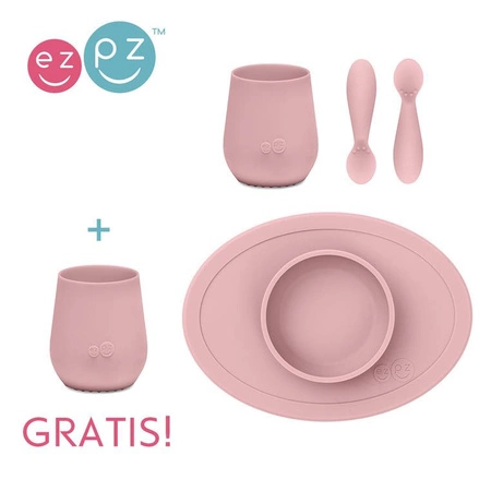 EZPZ Komplet pierwszych naczyń silikonowych First Foods Set pastelowy róż + kubeczek Tiny Cup GRATIS pastelowy róż