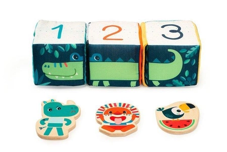 LILLIPUTIENS Zestaw 3 kostek aktywizujących wielofunkcyjnych z ukrytymi elementami Dżungla 18 m+