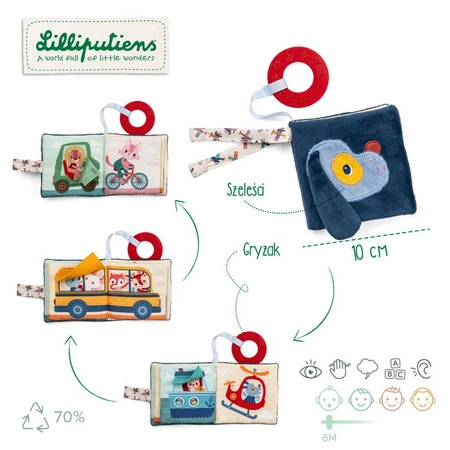 Lilliputiens Mini-książeczka wielofunkcyjna z szeleszczącą folią i gryzakiem Piesek Jules 6 m+