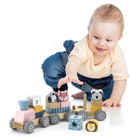 Viga Drewniana Kolejka z wagonikami i zwierzątkami do ciągnięcia PolarB Montessori