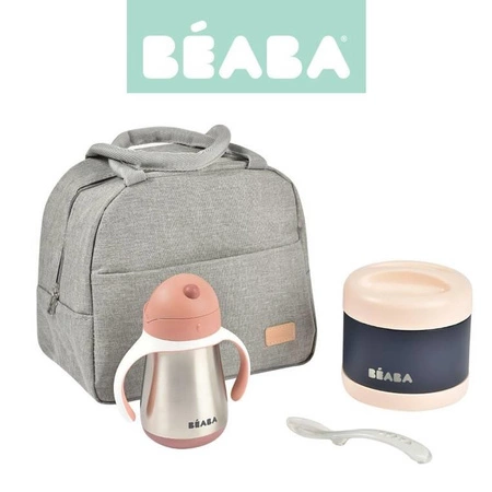Beaba Zestaw podróżny w torbie izotermicznej: termos obiadowy ze stali nierdzewnej 500 ml, bidon termiczny ze słomką 250 ml i silikonowa łyżeczka 8m+ Old Pink