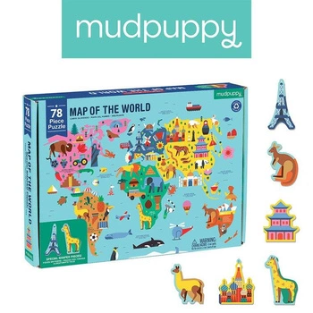 Mudpuppy Puzzle Mapa Świata z elementami w kształcie budynków i zwierząt 5+