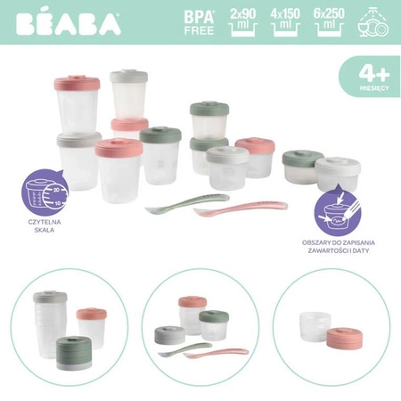 Beaba Zestaw słoiczków Clip 12 szt. (2x90ml, 4x150ml, 6x250ml) + 2 łyżeczki Eucalyptus