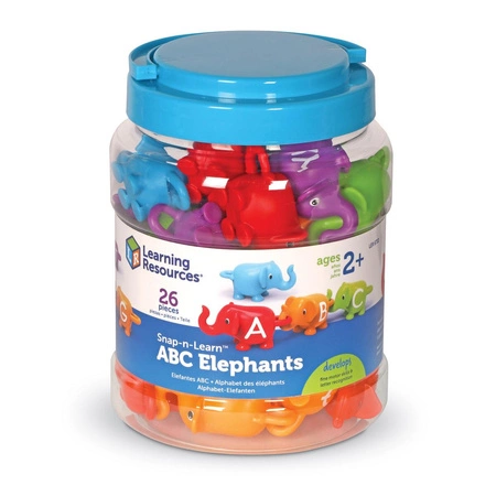 Figurki do nauki liter i poznawania kolorów, Słonie ABC, Zestaw 26 szt. - Snap & Learn