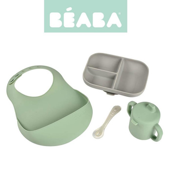 Beaba Silikonowy zestaw do posiłków (talerzyk trójdzielny z przyssawką, kubek z dziubkiem, łyżeczka i śliniak)